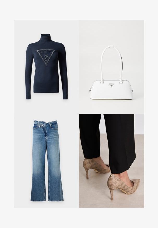 Maglione in maglia blu navy con collo alto, caratterizzato da un logo triangolare al centro decorato con cristalli e polsini a coste.; Jeans a zampa d'elefante in denim blu chiaro con vita alta, dotati di due bottoni e tasche frontali. Il tessuto ha una texture sbiadita con variazioni sottili.; Scarpe con tacco alto beige in tessuto testurizzato con un motivo ripetuto. Design con punta appuntita e dettaglio dorato sul tacco.; Borsa a mano bianca in pelle con forma curvola, dotata di un logo triangolare argentato e chiusura con zip. Texture liscia e manici doppi.