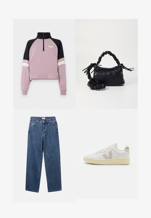 Pullover roxo curto com um colarinho preto e detalhes nos punhos. Apresenta um zíper de meio e o logótipo da Roxy em dourado no peito. Textura suave.; Jeans de denim azul clássicos com um design de perna reta, cinco bolsos e fecho de botão. Apresenta um tratamento médio e uma textura resistente.; Sapatilha de couro branca com detalhes em camurça bege, biqueira perfurada, atacadores planos e sola texturizada creme. Apresenta uma marcação subtil no calcanhar.; Bolsa de mão em couro sintético preto com textura de crocodilo, topo franzido e alça enrugada. Apresenta um design suave e compacto.