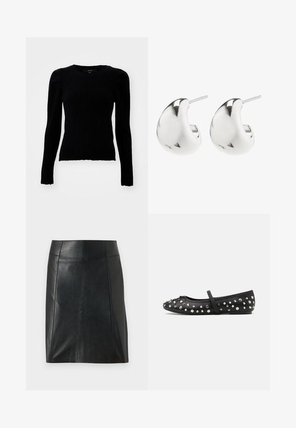 Vero Moda VMKIM UNECK - Jumper - black; Black leather skirt with a fitted design. Smooth texture, seams outlining shape, and a straight hem. Minimalistic and sleek appearance.; Black ballet flat made of leather, featuring decorative silver studs. Includes a strap over the instep and a rounded toe design.; Silver stud earrings with a smooth, curved design. They feature a polished finish and a post backing for secure wear.