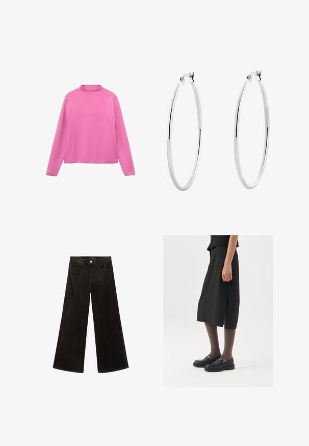 Mango WITH PERKINS - Maglione - pink; Top senza maniche a costine grigio con scollatura rotonda. Tessuto morbido e design aderente, adatto per look casual o in sovrapposizione.; Pantaloni in velluto a coste neri a gamba larga con vita alta, tasche frontali e tessuto testurizzato, dotati di chiusura con bottone e passanti per cintura.; Gonna nera alla lunghezza del ginocchio con spacco laterale, abbinata a mocassini neri e collant trasparenti marroni, caratterizzata da un tessuto liscio e un design semplice.; Orecchini a cerchio in argento con una superficie liscia e lucida e una forma circolare sottile. Il design presenta una chiusura sicura.