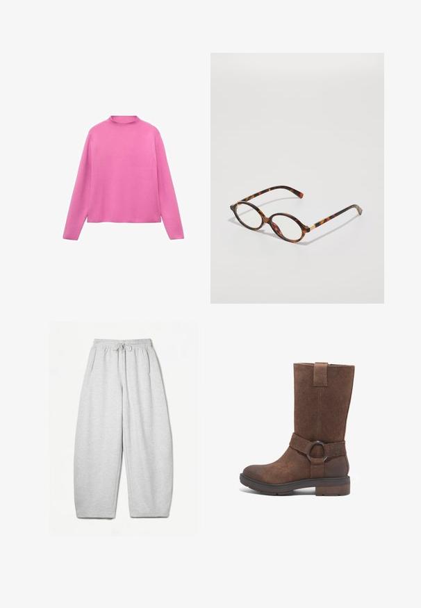 Mango WITH PERKINS - Pullover - pink; Pantalons de survêtement gris clair avec une coupe décontractée, taille élastique, cordelette de serrage et poches latérales ; fabriqués à partir d'un tissu doux et texturé.; Botte haute en suede marron avec un bout arrondi, un talon plat et une sangle décorative avec un accent en métal circulaire.; Lunettes en écaille de tortue avec monture ovale, verres transparents et accents dorés. Elles possèdent des branches courbées et une finition lisse et brillante.; Boucles d'oreilles en argent en forme de hoop, avec une surface lisse et polie et une forme circulaire mince. Le design comprend un fermoir sécurisé.