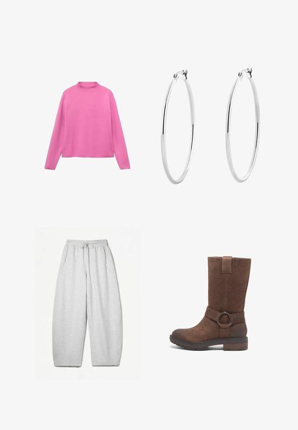 Mango WITH PERKINS - Pullover - pink; Pantalons de survêtement gris clair avec une coupe décontractée, taille élastique, cordelette de serrage et poches latérales ; fabriqués à partir d'un tissu doux et texturé.; Botte haute en suede marron avec un bout arrondi, un talon plat et une sangle décorative avec un accent en métal circulaire.; Boucles d'oreilles en argent en forme de hoop, avec une surface lisse et polie et une forme circulaire mince. Le design comprend un fermoir sécurisé.