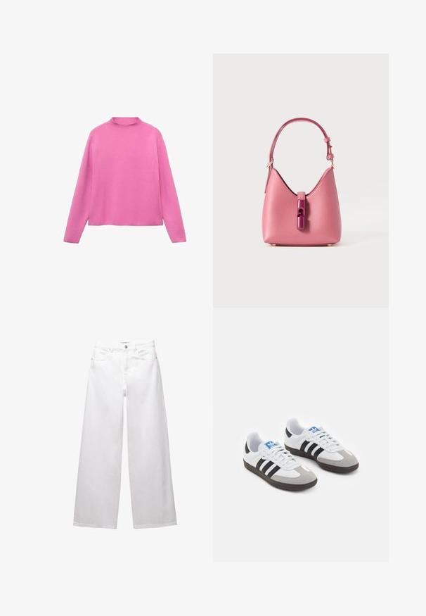 Mango WITH PERKINS - Svetr - pink; Bílé široké džíny vyrobené z denimu. Obsahují zapínání na knoflík, přední a zadní kapsy a šité švy. Hladká textura s minimálními detaily.; Sportovní boty s bílým koženým svrškem, šedou semišovou špičkou a třemi černými pruhy. Obsahují modré logo na jazyku a texturovanou gumovou podrážku.; Růžová kožená kabelka se strukturovaným tvarem, zdobená lesklým uzávěrem a jedním nastavitelným popruhem. Texturovaný povrch s zlatými kovovými detaily.