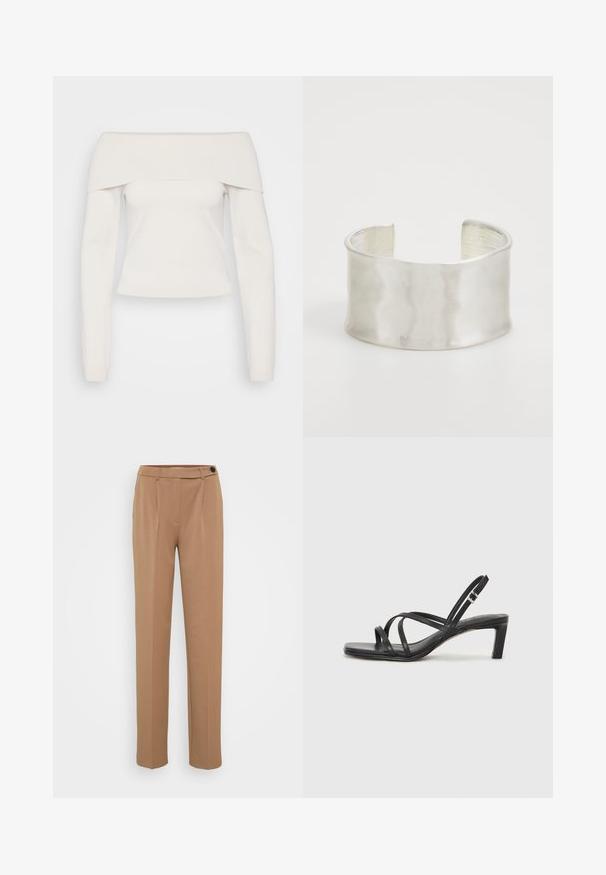 Avskåret langermet topp i myk hvit strikk, med ribbestrikket hals og en tettsittende kropp, samt glatt tekstur og minimale sømmer.; Brune skreddersydde bukser med rett ben, med en enkelt knappelukking og plisserte detaljer foran. Glatt tekstur, minimalistisk stil.; Sorte sandaler med stropper, firkantet tå og lav blokk hæl. Har flere tynne stropper og en justerbar ankelstropp. Laget av glatt lær.; Zign Armbånd - silver-coloured