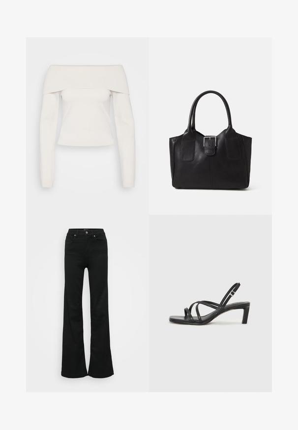 Halenka s dlouhým rukávem a odhalenými rameny v měkkém bílém úpletu, s ribbovaným výstřihem a přiléhavým střihem, s hladkou texturou a minimem švů.; Černé zvonové džíny vyrobené z denimu, s vysokým pasem, pěti kapsami a kovovým zapínáním. Hladká textura s minimálním zdobením.; Černé sandály na tenkém podpatku se čtveratou špičkou a nízkým blokovým podpatkem. Mají několik tenkých popruhů a nastavitelné zapínání okolo kotníku. Vyrobeny z hladké kůže.; Černá kožená tote taška s hladkým povrchem, strukturovaným tvarem, dvěma uchy a výrazným stříbrným detailem s přezkou na přední straně.