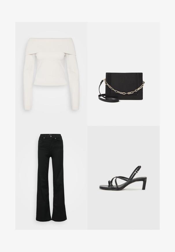 Off-the-shoulder long-sleeve top in soft white knit, featuring a ribbed neckline and a fitted body, with smooth texture and minimal seams.; Black flared jeans made from denim, featuring a high waist, five pockets, and metal button closure. Smooth texture with minimal detailing.; Black strappy sandal with a square toe and a low block heel. Features multiple thin straps and an adjustable ankle strap. Made of smooth leather.; Black leather crossbody bag featuring a smooth texture, rectangular shape, and a metallic chain detail on the front. Adjustable strap included.