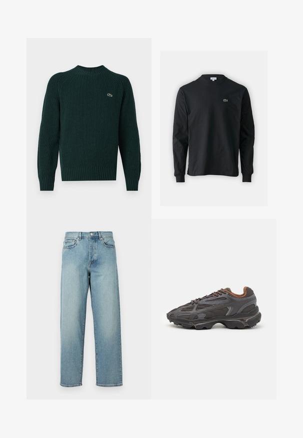 Sötétzöld kötött pulóver, kerek nyakkivágással, bordázott mandzsettákkal és aljjal, bal mellen egy kis hímzett logóval.; Fekete hosszú ujjú pamut póló, kerek nyakkivágással, bal mellen egy kis zöld hímzett krokodil logóval.; Világoskék farmernadrág laza szabással, egyenes lábakkal, öt zsebes dizájnnal és gombos derékkal. Minimalista varrási részletek.; Sötét szürke Lacoste sportcipők hálós és szintetikus anyagból, textúrázott talppal és barna díszítésekkel a nyak részen és a logón.