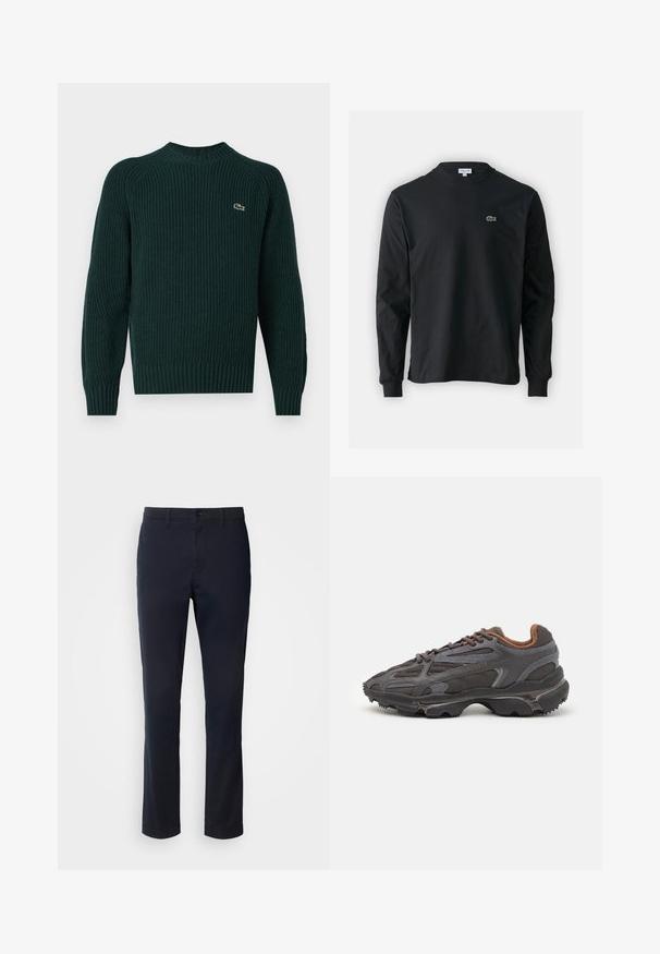 Sötétzöld kötött pulóver, kerek nyakkivágással, bordázott mandzsettákkal és aljjal, bal mellen egy kis hímzett logóval.; Fekete hosszú ujjú pamut póló, kerek nyakkivágással, bal mellen egy kis zöld hímzett krokodil logóval.; Sötétkék nadrág sima anyagból, egyenes szárú kialakítással, övhurkokkal és gombos záródással, cipzáras kivitelben.; Sötét szürke Lacoste sportcipők hálós és szintetikus anyagból, textúrázott talppal és barna díszítésekkel a nyak részen és a logón.