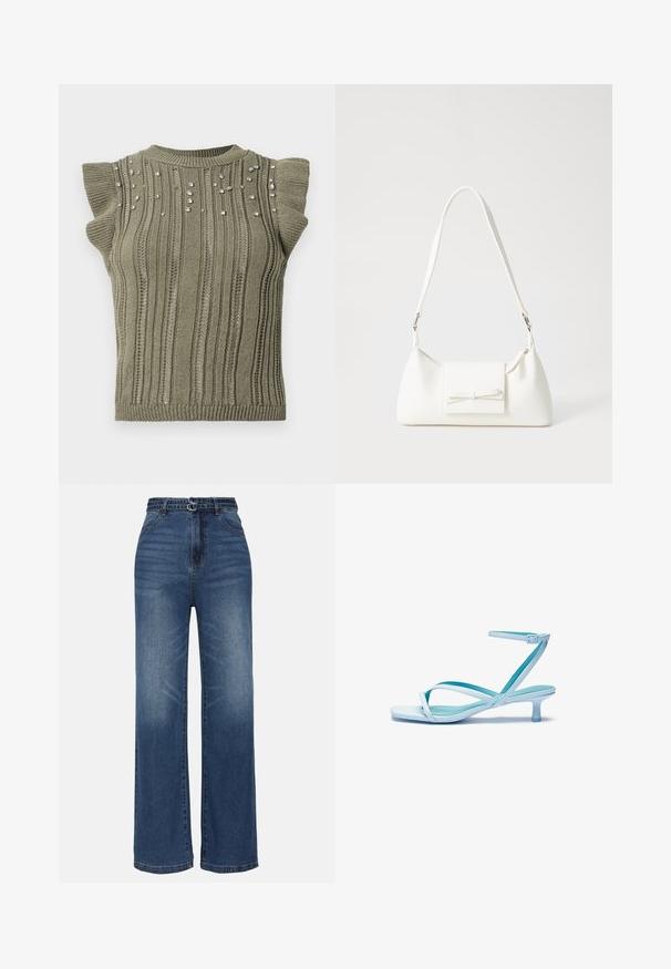 Kaki pletena majica z rebrasto teksturo, kratkimi volanastimi rokavi in raztresenimi kamni na sprednji strani. Okrugli ovratnik in prilegajoč silhueta.; Široke modre kavbojke z visokim pasom, ki vključujejo dva kovinska zaponka, blago bledenje in standardno zasnovo s petimi žepi.; Svjetloplave sandale na petu s kvadratnim vrhom, niskom petom, podesivim remenčićem oko gležnja i glatkom, sjajnom završnom obradom. Presvučeni remenčići na ulošku.; Bela sintetična torbica v obliki trikotnika, z ravnim sprednjim poklopcem in detajlom mašne, nastavljivim trakom, gladko teksturo in minimalističnim dizajnom.
