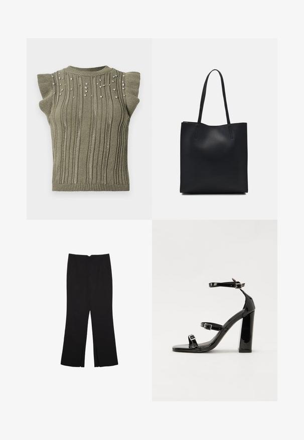 Khački pleteni top s rebrastom teksturom, kratkim volanima i raspršenim draguljima sprijeda. Okrugli izrez i prilagodljiva silueta.; Crne hlače ravnog kroja, s prednjim džepovima i bočnim prorezima na rubu. Izrađene od mekog i glatkog materijala. Pogodne za razne prigode.; Crne lakirane sandale na visoku petu s dva remena s kopčama, kvadratnim vrhom i masivnom blok petom, s glatkom, sjajnom teksturom.; Crna kožna torba za nošenje s glatkom teksturom, pravokutnim oblikom i dvije duge ručke. Nema vidljivih metalnih dijelova ili ukrasa.