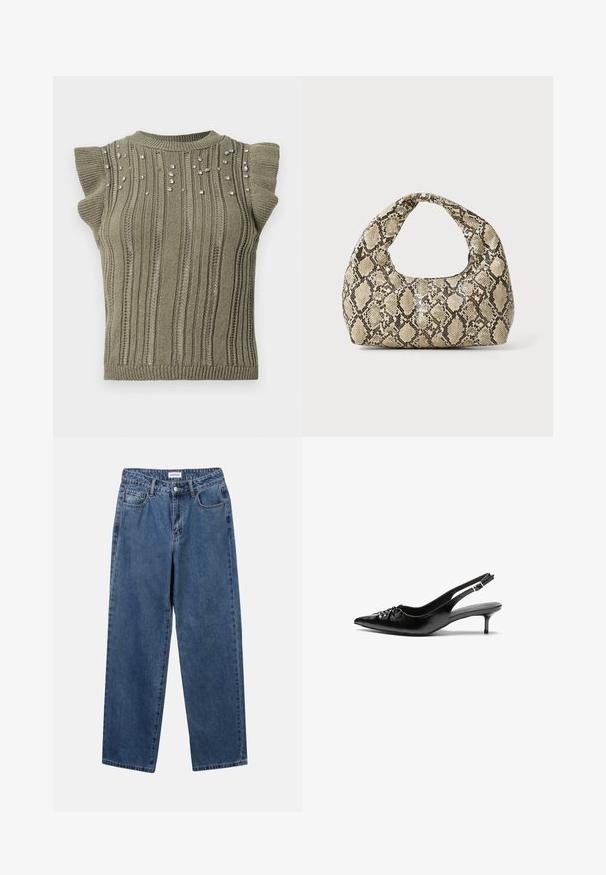 Khaki knit top with ribbed texture, short ruffled sleeves, and scattered gem accents on the front. Crew neckline and fitted silhouette.; Classic blue denim jeans with a straight-leg design, five pockets, and a button closure. Features a medium wash and sturdy texture.; Black leather slingback heels with a pointed toe, small kitten heel, and a decorative knot detail on the front. Smooth texture throughout.; Snake-print handbag with a curved handle. Made from textured, beige and brown materials, featuring a distinctive diamond pattern.