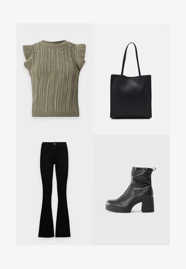 T-shirt de malha cáqui com textura canelada, mangas curtas e com volantes, e detalhes de pedras preciosas espalhadas na parte da frente. Gola redonda e silhueta ajustada.; Jeans pretos de cintura alta com fecho de botão e zíper, bolsos frontais e pernas largas dispostos em cima de um fundo branco.; Botas de tornozelo pretas feitas de couro liso, com fecho lateral, salto grosso texturizado e design de bico arredondado.; Bolsa tote preta em couro com textura lisa, forma retangular e duas alças longas. Sem hardware ou enfeites visíveis.