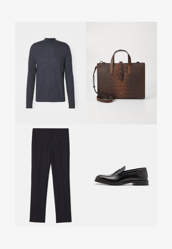 Tiger of Sweden TERN - Pulóver - grey street; Fekete, sima anyagból készült, karcsúsított nadrág, két oldalsó zsebbel, egyenes szárú kialakítással, és látható minták vagy díszítések nélkül.; Fekete bőr loaferek sima textúrával, kerek orral és dekoratív pánttal a vampnál. Alacsony, rétegelt sarkú, minimalista dizájn.; Barna krokodilbőr hatású bőr kézitáska tetejére erősített füllel és levehető vállpánttal. Csattal záródik, és téglalap alakú.