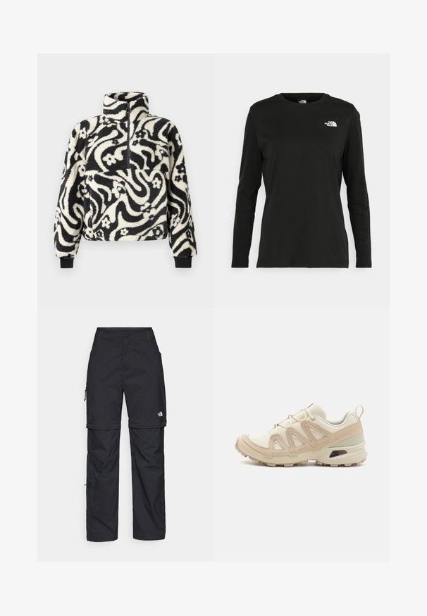 Zwart-wit fleece pullover met een hoge kraag, voorzien van een draaiend bloemenpatroon en geribbelde manchetten. Met een rits aan de voorkant.; Zwart langsluiting T-shirt van katoen met een ronde hals. Heeft een klein wit logo op de linkerkant van de borst. Eenvoudig ontwerp en pasvorm.; Zwarte nylon cargo broek met afneembare pijpen, verstelbare manchetten, meerdere zakken en een logo op het rechterbeen. Gladde, lichte textuur.; Beige en crème sportschoen met een textuur-mesh bovenwerk, ondersteunende overlays en een rubberen zool met een profielpatroon voor grip.