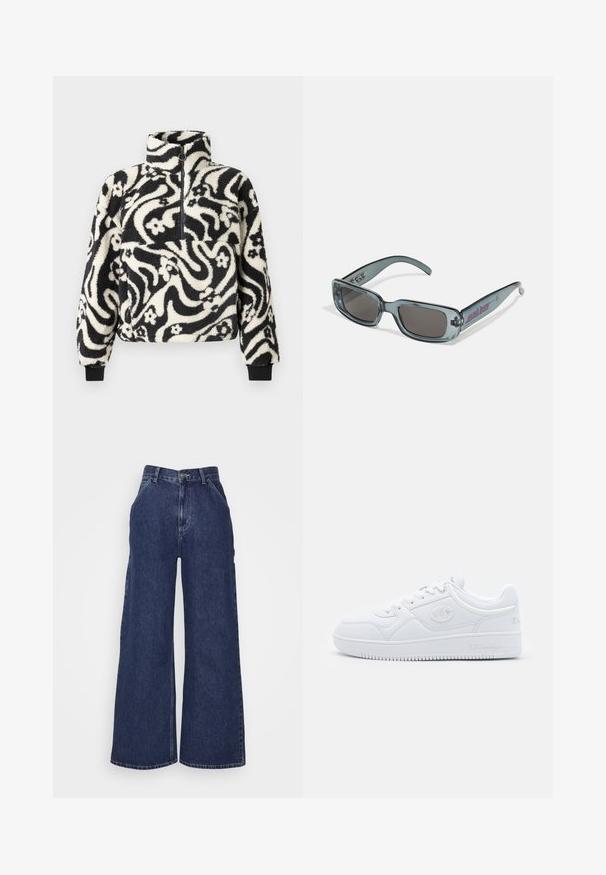 Zwart-wit fleece pullover met een hoge kraag, voorzien van een draaiend bloemenpatroon en geribbelde manchetten. Met een rits aan de voorkant.; Brede denim jeans in donkerblauw, met een hoge taille, zijzakken en een ritssluiting met een metalen knop. Gladde textuur en klassiek ontwerp.; Witte sneaker van glad synthetisch materiaal, met ronde neus, platte zool en subtiele logo-accenten aan de zijkanten. Klassiek laag ontwerp.; Santa Cruz INFERNO UNISEX - Zonnebril - crystal black
