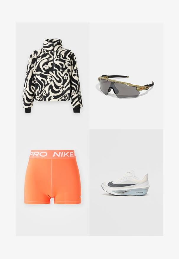 Black and white fleece pullover with a high collar, featuring a swirling floral pattern and ribbed cuffs. Front zipper closure.; Nike Pro shorts in bright orange. Made from a smooth, stretchy material with a white logo and waistband lettering. Features a minimalist design.; White running shoe with a breathable mesh upper, blue accents, and a distinct midsole design featuring a visible cushioning system.; Sport sunglasses with a green patterned frame, black arms, and gray lenses. The design features a wraparound style with a bold, sporty shape.