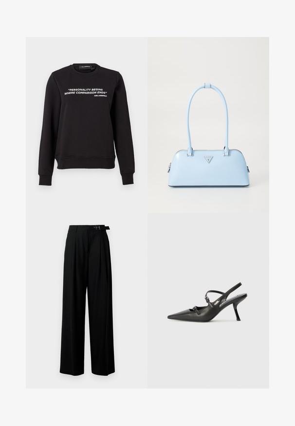 Svart sweatshirt med rund hals, lange ermer. Har hvit tekst: "PERSONLIGHETEN BEGYNNER DER SAMMENLIGNING SLUTTER" på forsiden. Glatt tekstur.; Svarte vide bukser med høy livlinje, folder foran og belte med spenne. Laget av glatt, lett materiale.; Sorte skinn slingback-hæler med spiss tå, slank hæl og dekorativ spenne detalj på vampsiden. Glatt tekstur og stilrent design.; Lyseblå veske med strukturert form, glatt skinnmateriale, to håndtak og en trekantet merkevarelogo på fronten. Glidelås-lukking.