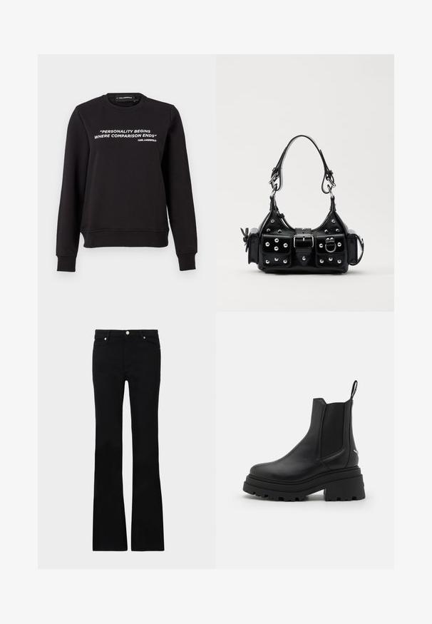 Čierna mikina so širokým výstrihom a dlhými rukávmi. Na prednej strane je biely text: „OSOBNOSŤ ZAČÍNA TAM, KDE POROVNANIE SKONČÍ“. Hladká textúra.; Čierne rozšírené džínsy vyrobené z denimu, s dvoma prednými vreckami, zapínaním na gombík a hladkým povrchom. Viditeľné podpisové šitie na švoch.; Čierne chelsea čižmy vyrobené z hladkej kože s elastickými bočnými panelmi, hrubou, ryhovanou gumovou podrážkou a pútkom vzadu.; Čierna kožená kabelka s zakriveným dizajnom, doplnená striebornými cvočkami, prackou a dvoma bočnými vreckami. Nastaviteľný popruh poskytuje rôzne možnosti nosenia.