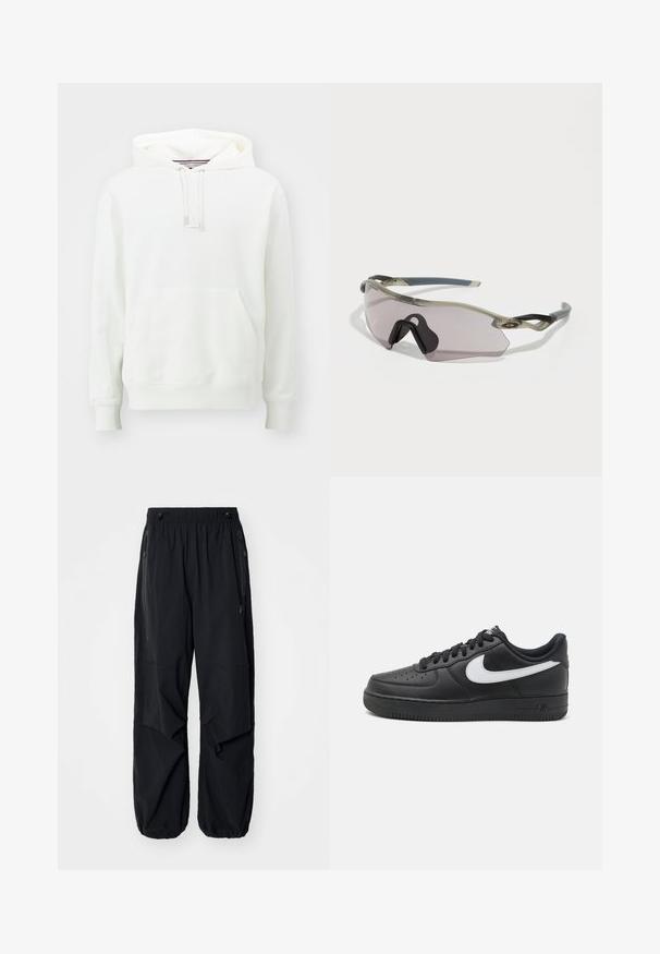 Jordan JORDAN FLIGHT FLEECE - Kapuzenpullover - sail; Schwarze leichte Cargo-Hosen mit elastischem Bund, seitlichen Reißverschlüssen und geräumigen Taschen. Bietet eine lockere Passform und tapered Bündchen.; Schwarze Nike Air Force 1 Sneakers mit einem glatten Lederobermaterial, weißem Logo-Akzent, durchlöchtem Zehenbereich und strukturierter Gummisohle.; Sonnenbrille mit einem durchscheinenden grauen Rahmen, getönten Gläsern und angularer Form. Verfügt über ein markantes Nasenteil und strukturierte, dunkelgraue Bügel.