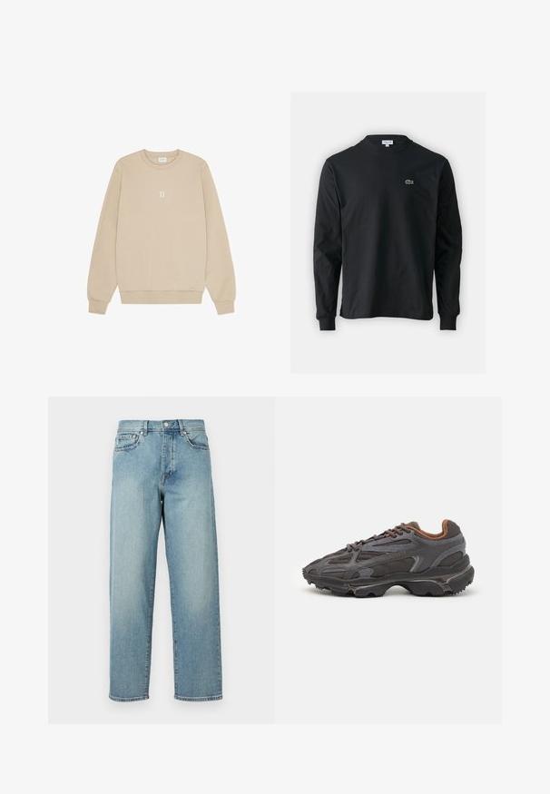 Sudadera beige de tejido suave con cuello redondo, mangas largas y un pequeño gráfico blanco "II" centrado en el pecho.; Camiseta de manga larga negra de algodón, con escote redondo y un pequeño logo de cocodrilo bordado en verde en el lado izquierdo del pecho.; Jeans de mezclilla azul claro con un corte amplio, piernas rectas, diseño de cinco bolsillos y cierre de botón en la cintura. Detalle de costura minimalista.; Zapatillas Lacoste en gris oscuro con material de malla y sintético, que cuentan con una suela texturizada y detalles en marrón en el cuello y la marca.