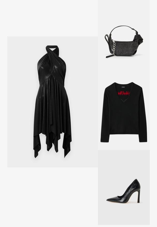 Czarny longsleeve z dekoltem w kształcie litery V, z kontrastowym czerwonym wzorem dzianiny wewnątrz. Gładka faktura, minimalistyczny design i standardowy krój.; Czarna sukienka na halter z drapowanym wzorem. Wykonana z błyszczącego materiału, z skręconym dekoltem i asymetrycznym dołem. Gładka tekstura.; Czarne szpilki z ostrym noskiem, pokryte teksturą skóry krokodyla, charakteryzujące się eleganckim wzornictwem, wysokim obcasem w stylu stiletto oraz gładkim czarnym wnętrzem.; Czarna torebka z teksturowanym wzorem, ozdobiona srebrnymi ćwiekami i grubym srebrnym łańcuszkiem. Charakteryzuje się eleganckim, minimalistycznym kształtem.