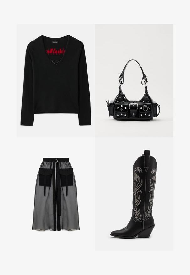 Musta pitkähihaista toppia, jossa on V-kaula-aukko, ja jossa on kontrastina punainen neulekuvio sisäpuolella. Silkkinen tekstuuri, minimalistinen muotoilu ja perusmitoitus.; Musta läpinäkyvä hame, jossa on kerätty vyötärö, kaksi suurta etutaskua, vyönauha ja pyöreä metallikoriste.; Mustat nahkasaappaat cowboy-tyyliin, joissa on terävät varpaat, viistot korot ja hopeiset brodeeratut kukkakuviot varressa. Eroava ompelu koko saappaassa.; Musta nahkainen käsilaukku, jossa on kaareva muotoilu, hopeiset niitit, solki ja kaksi sivutaskua. Säädettävä olkahihna erilaisiin kantovaihtoehtoihin.