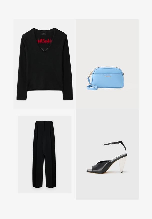 Svart langermet topp med V-hals, med et kontrasterende rødt strikkemønster på innsiden. Glatt tekstur, minimalistisk design og standard passform.; Svart vide bukser med høy livhøyde, med folder og en glatt tekstur. Stoffet virker lett og faller elegant.; Svart lær høyhælte sandaler med åpen tå, asymmetrisk design, ankelstropp og en metallisk kjegleformet hæl. Glatt tekstur hele veien.; Lys blå skinn crossover-veske med gulltonet detaljer, glidelås lukking og en frontlomme. Har justerbar stropp for ekstra bekvemmelighet.