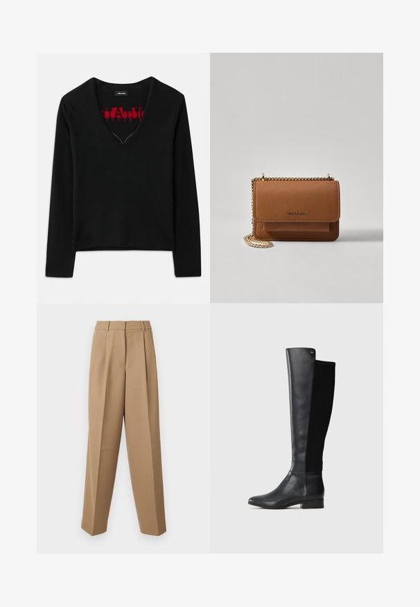 Zwarte lange mouwen top met een V-hals, voorzien van een contrasterend rood breipatroon aan de binnenkant. Gladde textuur, minimalistisch ontwerp en standaard pasvorm.; Beige op maat gemaakte broek met een hoge taille, geplooide voorkant en wijde pijpen. De stof lijkt glad met een lichte glans.; Zwarte leren kniehoog laars met elastische stof aan de achterkant, lage blokhak en klein metallic merkembleem near de bovenrand.; Bruine lederen schoudertas met textuur, voorzien van een gouden kettingstrap en klepsluiting. De voorkant heeft een logo-detail en een zak onder de klep.