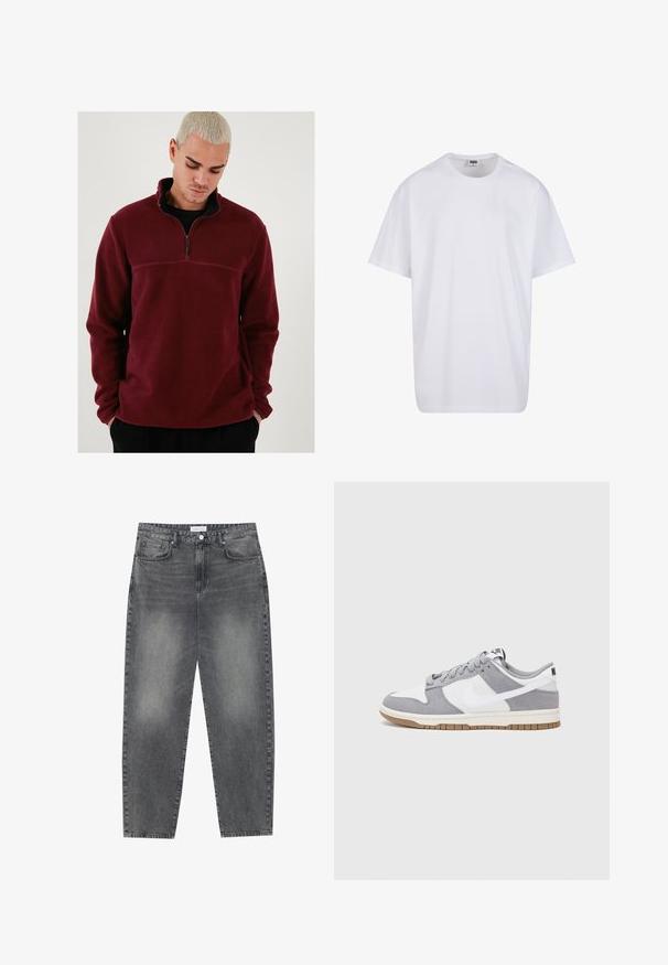 Burgundski flis pulover z visokim ovratnikom, pol zadrgo in črnimi poudarki. Mehka tekstura, dolgi rokavi in horizontalna šivna podrobnost.; Bela bombažna majica s kratkimi rokavi, okroglim izrezom, sproščenim krojem in brez vidnih logotipov ali vzorcev. Gladka tekstura in minimalen dizajn.; Visoko pasovi, široke kavbojke iz obledelog črnega denima. Imajo pet žepov, zanke za pas in čisto, ravno obliko nog. ; Sive in bele teniske s suknim in usnjem zgornjim delom, zaobljenim nosom, ravnimi vezalkami in gumijastim podplatom z dodatkom gumijaste barve.
