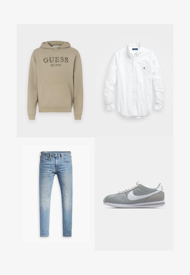 Beige hettegenser laget av bomullsblanding, med en frontlomme i kenguru-stil, ribbestrikkede mansjetter og «GUESS EST.1981» logo i kamuflasjemønster.; Hvit langermet skjorte i bomull med knapper. Har en klassisk krage, knappe mansjetter og en liten marineblå brodert logo på brystet.; Lyseblå slim-fit jeans med svak falming på lårene, frontknappelukking, beltehemper, og fem-lomme design på hvit bakgrunn.; Grå idrettssko med overdel i semsket skinn og tekstil, hvit Nike swoosh og hvite snøringer. Har en teksturert gummisåle og polstret krage.