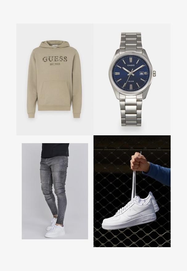 Felpa beige in misto cotone, con tasca a canguro frontale, polsini a coste e logo "GUESS EST.1981" in texture camouflage.; Jeans skinny in denim grigio sbiadito, con dettagli strappati sulle ginocchia, abbinati a sneakers bianche. Texture liscia, design slim fit.; Sneakers in pelle bianca con perforazioni, punta rotonda, suola piatta e lacci spessi, con logo swoosh visibile e "AIR" sul tallone.; Orologio da polso in acciaio inossidabile argento con quadrante blu navy, indici metallici e finestra della data alle 3. Resistente all'acqua fino a 50 metri.