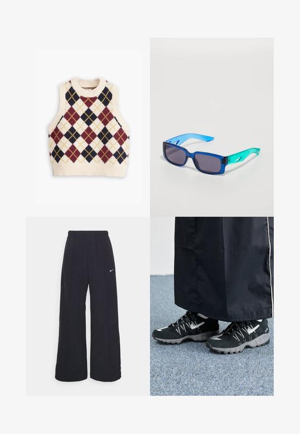 Bezsleeve adīta veste ar krēmkrāsas pamatni un sarkanu, jūras zila un dzeltenu argyle dimantu rakstu, apaļu kakla izgriezumu un ribotu malām.; Melnas platās bikses ar elastīgu jostu un mazu baltu Nike logo. Audumam ir gluda tekstūra, kas paredzēta ērtībai un ikdienas valkāšanai.; Melnas sporta kurpes ar teksturētu augšdaļu, sudraba akcentiem un zīmējuma zoli, apvienotas ar melnu garu apģērbu. Fons ir zils paklājs.; Zilie un zaļie saulesbrilles ar taisnstūra lēcām; caurspīdīgi rāmi; teksturētas zilas rokas; tumši lēcas; pamanāma zīmola apzīmējums sānos.