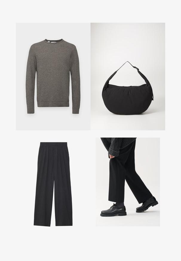 Selected Homme SLHROSS STRUCTURE CREW NECK - Stickad tröja - asphalt; Vidbyxorna är tillverkade av mörkgrått tyg. De har veck i midjan, en skräddarsydd design och en rak silhuett.; Svarta läderskor med rund tå, snörningsdesign och tjock, strukturerad sula. Bärs med skräddarsydda svarta byxor och en ribbad tröja.; Svart tygaxelväska med en böjd form, som har en enkel rem och ett dragkedjestängning. Mjukt material, minimalistisk design.