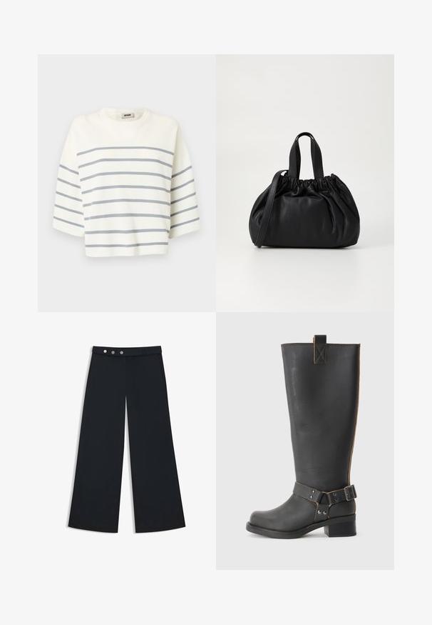 Vitt kort topp i ribbat tyg, med horisontella grå ränder och korta ärmar. Rund halsringning utan dekorationer.; Breda svarta byxor med en slät textur, med en platt midja, dubbelknäppning och sidofickor.; Svart läderknähöga stövlar med en texturerad finish, som har en sidobuckla och en låg klack. Detaljerad sömnad längs sömmarna.; Svart läderhandväska med en samlad toppdesign, som har två korta handtag och ett långt justerbart axelband. Slät textur, rund form.