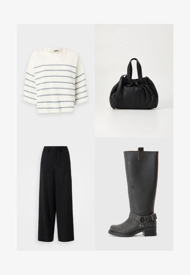 Weißes, kurzes Oberteil aus geripptem Stoff, mit horizontalen grauen Streifen und kurzen Ärmeln. Runder Halsausschnitt ohne Verzierungen.; Schwarze weite Hosen aus glattem Stoff, mit einem flachen Frontdesign, gefältelten Details und Gürtelschlaufen am Bündchen.; Schwarze Leder-Stiefel bis zum Knie mit strukturiertem Finish, seitlichem Schnallenakzent und niedrigem Absatz. Detaillierte Steppnähte entlang der Nähte.; Schwarze Lederhandtasche mit einem gerafften Oberteil, ausgestattet mit zwei kurzen Griffen und einem langen verstellbaren Schulterriemen. Glatte Textur, runde Form.
