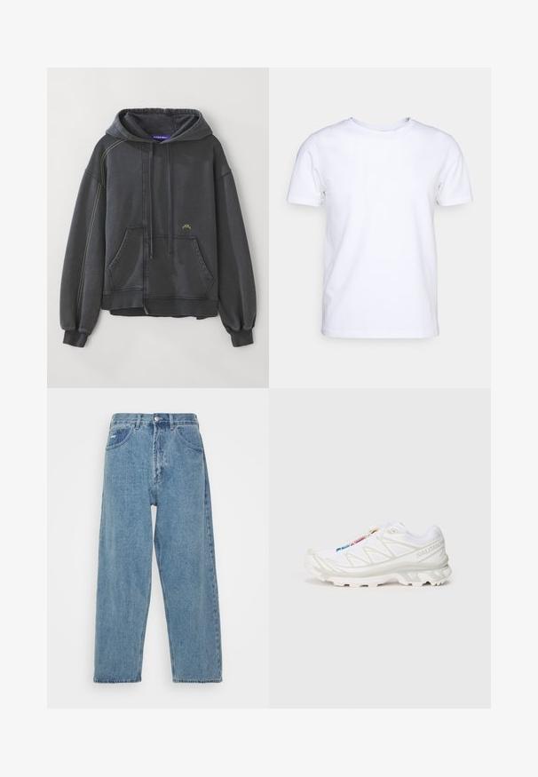 Felpa con cappuccio grigio scuro in misto cotone, con tasca frontale, cordini, polsini a costine e dettagli di cucitura gialla a contrasto.; T-shirt bianca a maniche corte in cotone con scollatura rotonda. Design semplice senza fantasie o accenti. Texture liscia.; Jeans in denim azzurro chiaro con vita alta e vestibilità rilassata, dotati di due tasche frontali, una tasca a toppa sul retro e chiusura con bottone.; Scarpa da ginnastica bianca con tomaia in rete testurizzata, dettagli riflettenti e suola ammortizzata. Logo del marchio ben visibile sul lato.