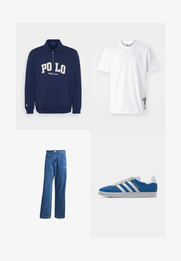 Námornícky dlhý rukáv polo mikina s polozipom, s nápisom "PO LO" v bielej a béžovej farbe a prednou vreckovou kapsou. Malé logo na rukáve.; Biely bavlnený tričko s krátkymi rukávmi, okrúhlym výstrihom a čiernou nášivkou loga Adidas na dolnej ľavej strane. Hladká textúra.; Modré riflové nohavice s vysokým pásom a širokým strihom, s prednými vreckami, pútkami na opasok, zapínaním na gombík a malým logom Adidas na pravej stehne.; adidas Originals ADIDAS GAZELLE SHOES - Halové kopačky - real madrid/bluebird/footwear white/crew yellow