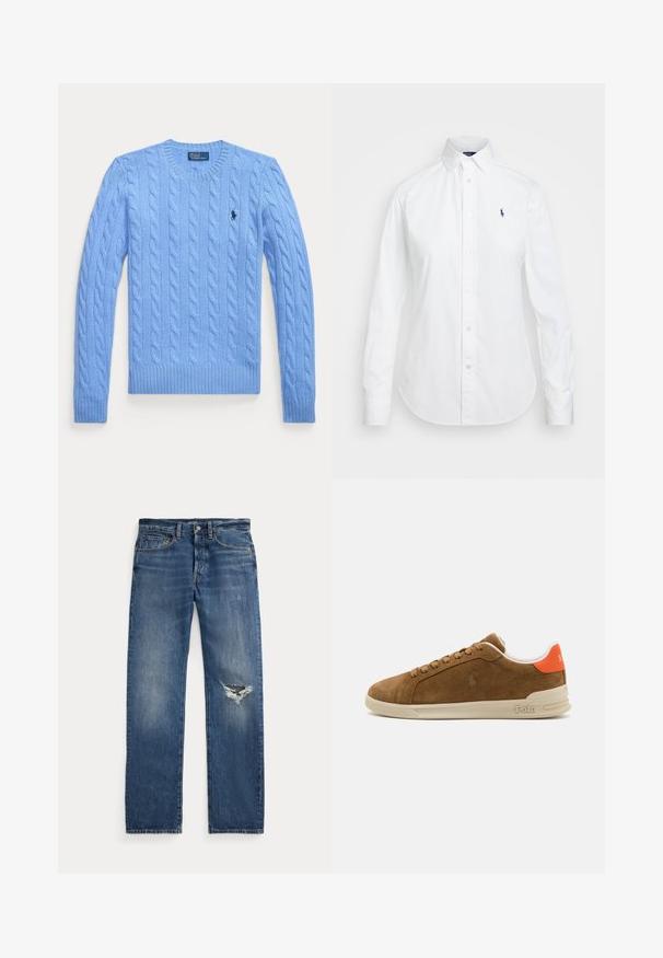 Jasnoniebieski sweter z dzianiny w splot warkoczowy, okrągłym dekoltem oraz ściągaczami przy mankietach i u dołu. Posiada małe logo na klatce piersiowej. Teksturowana tkanina.; Biała koszula zapinana na guziki z ostro zakończonym kołnierzykiem, długimi rękawami i małym niebieskim logo na lewej stronie klatki piersiowej. Wykonana z bawełnianej tkaniny.; Niebieskie dżinsy z średnim stanem, pięcioma kieszeniami i postrzępionym przetarciem na prawym kolanie.; Brązowe zamszowe sneakersy z kremową gumową podeszwą, z pomarańczowymi akcentami na pięcie oraz małym detalem z logo z boku.