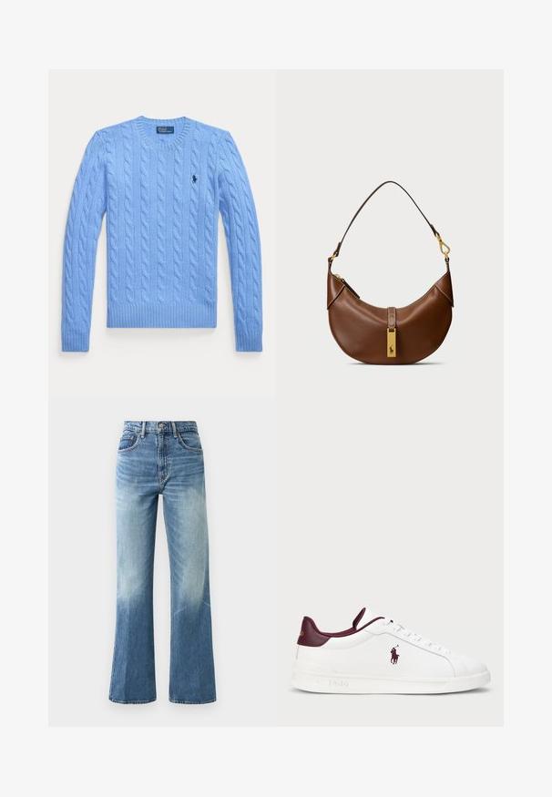 Sweater de malha azul claro com gola redonda, punhos e bainha canelados. Apresenta um pequeno logótipo no peito. Tecido texturizado.; Jeans de cintura alta de cor azul clara, com corte amplo, textura desbotada, cinco bolsos e fecho de botão metálico.; Sapatilhas brancas em pele com pormenores em bordô, bico arredondado, logotipo em relevo e atacadores planos. Sola texturizada e detalhes de superfície lisa.; Bolsa de ombro de couro castanho com forma curvada, hardware dourado, detalhe de fecho superior e um logotipo em destaque. Textura lisa com bordas costuradas.