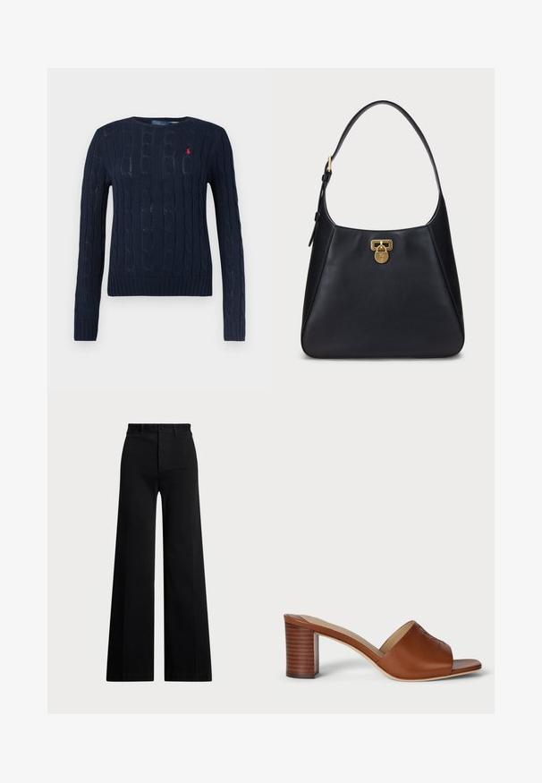 Tengerészkék, kábelmintás pulóver hosszú ujjakkal, kerek nyakkivágással, bordás mandzsettákkal és szegéllyel, valamint egy apró piros hímzett logóval a mellen.; Fekete, bő szárú nadrág szőtt anyagból, magas derékkal, elől gombos záródással és oldalzsebekkel. Simává textúrával és letisztult vonalakkal.; Barna bőr sarkú papucsok széles, nyitott orral, ívelt felsőrésszel és vízszintes vonalakkal díszített, hengeralakú, réteges sarkakkal.; Fekete bőr válltáska ívelt dizájnnal, arany záródással és kerek pánttal. Simább felület minimális díszítéssel.