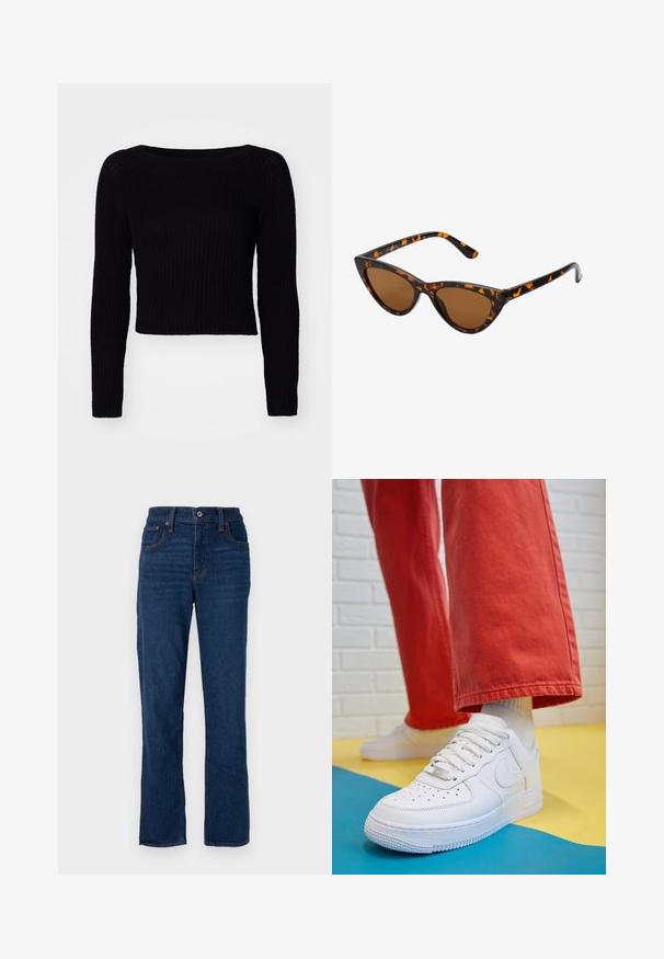 Musthave, mustahedane, pikad varrukad, kootud sall, ribastaoline tekstuur ja lai kaelus; lühike pikkus, millel on õrn õmblusdetail varrukatel.; Tumedat sinised teksapaid sirge lõikega, viie tasku disainiga, oranžide õmblustega ja nööbiga sulgemisega vöökoht.; Valge nahast tennis, millel on perforeeritud varvas, tekstureeritud tallad ja valged shoelaces, kombineeritud laia punase pükste ja sinise ning kollase taustaga.; Kassi vormiga prillid musta ja oranži kilpkonnakujulise raami, pruunide läätsede ja elegantsete teravate otstega. Templi juures on minimaalne logo.