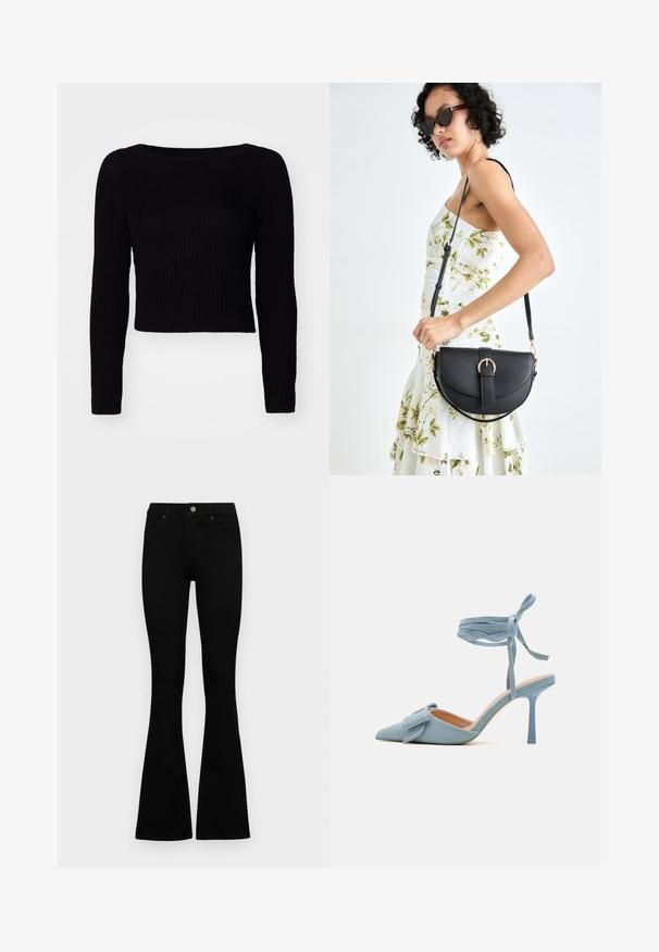 Svart, langermet strikkegenser med ribbestruktur og vid halslinning; kort lengde med subtile sømdetaljer på ermene.; Sorte høytlivsjeans med knapp og glidelås, frontlommer og utsvingte bein liggende flatt på en hvit bakgrunn.; Pekepusted hæl sko i lyseblå stof med en tekstureret finish, med en sløjfeaccent og ankelrem for en sikker pasform.; Svart lærveske med en buet form, avtagbar stropp og gullbeslag. Vesken har et klaff med spenne-detall.