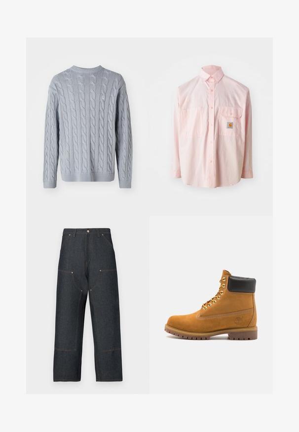 Light blue knitted sweater with cable knit pattern, long sleeves, and round neckline. Ribbed cuffs and hem add texture and structure.; Light pink button-up shirt with two chest pockets and a logo label. Made of cotton with a classic collar and long sleeves.; Dark blue denim jeans with a wide leg design, featuring contrasting orange stitching, front pockets, and a classic button closure.; Tan suede ankle boot with black padded collar, gold metal eyelets, white stitching detailing, and rugged rubber sole with pronounced treads.