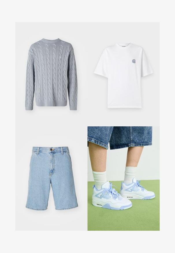 Maglione a maglia di un azzurro chiaro con motivo a treccia, maniche lunghe e scollatura rotonda. I polsini e l'orlo a coste aggiungono texture e struttura.; T-shirt bianco in cotone con collo rotondo e maniche corte. Presenta un piccolo logo blu sul lato sinistro del petto. Texture liscia.; Shorts in denim blu chiaro con una vestibilità rilassata, dotati di una chiusura con cerniera, bottone e quattro tasche. Il tessuto ha una texture liscia.; Sneakers bianchi e azzurro chiaro con accenti in rete, punta arrotondata, lacci e un'unità di ammortizzazione ad aria, abbinati a calzini bianchi a coste e pantaloni corti di jeans.