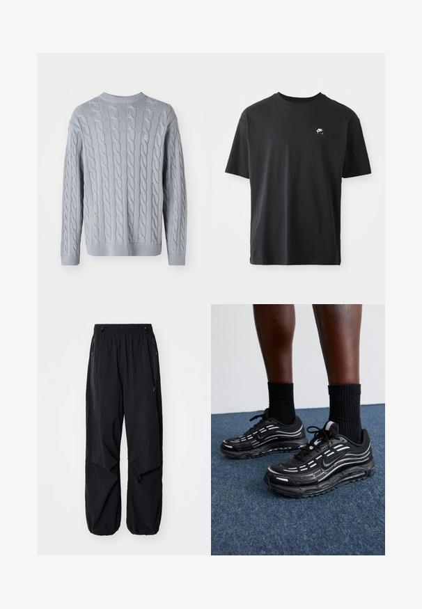 Lys blå strikket genser med kabelstrikkmønster, lange ermer og rund hals. Ribbestrikkede mansjetter og nederkant gir tekstur og struktur.; Svart bomull T-skjorte med korte ermer og rund hals, med et lite rektangulært logo med "NIKE AIR" i hvitt på venstre bryst.; Sorte lettvekts cargo-bukser i svart med elastisk midje, sidelommer med glidelås og romslige lommer. Har en løs passform og innsnørede mansjetter.; Sorte Nike-sko har en mesh-overdel med aksentstriper, teksturert snøring og en svart gummisåle. Brukt med svarte ribbede sokker.