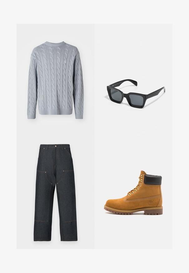 Light blue knitted sweater with cable knit pattern, long sleeves, and round neckline. Ribbed cuffs and hem add texture and structure.; Dark blue denim jeans with a wide leg design, featuring contrasting orange stitching, front pockets, and a classic button closure.; Tan suede ankle boot with black padded collar, gold metal eyelets, white stitching detailing, and rugged rubber sole with pronounced treads.; Black rectangular sunglasses with dark lenses. Plastic frame with a glossy finish, featuring a wide bridge and slightly tapered arms.