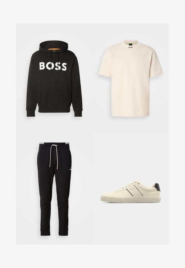 Sudadera con capucha negra hecha de una mezcla de algodón, con un gran logo blanco de "BOSS" en la parte frontal y un bolsillo tipo canguro en la cintura.; T-shirt de manga corta color crema con collar alto, que presenta la palabra "BOSS" impresa en negro en la parte delantera del cuello y en la etiqueta interior.; Pantalones jogger ajustados negros con cordones blancos, puños acanalados y un logo sutil en el muslo superior sobre un fondo liso.; Zapatillas de color crema con una textura suave, que presentan acentos y marcas en negro. Diseño clásico de cordones con punta redonda y suela de goma.