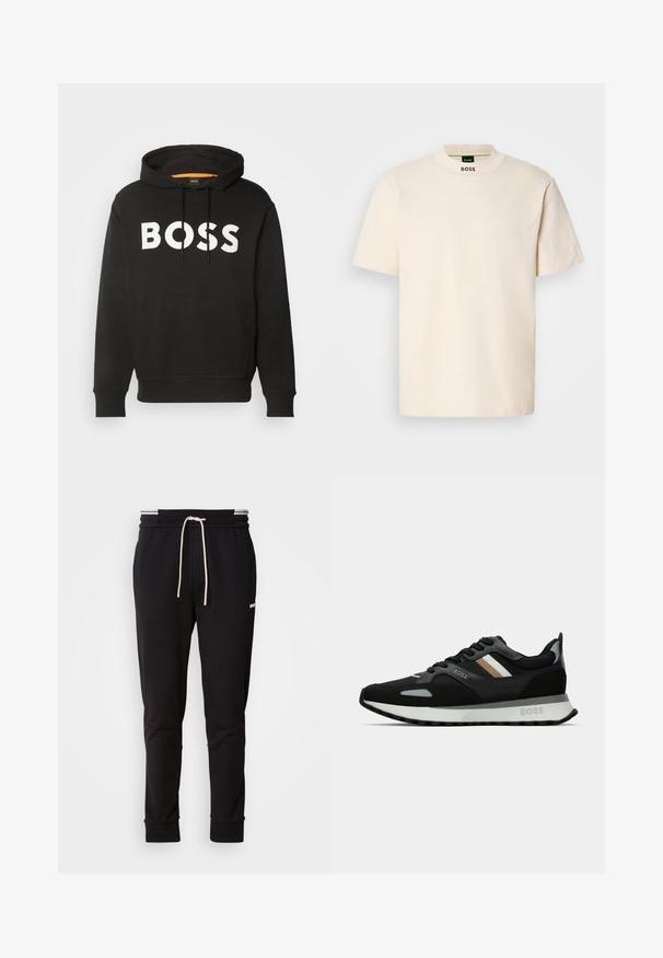 Black hooded sweatshirt made of cotton blend, featuring a large white "BOSS" logo on the front and a kangaroo pocket at the waist.; Cream-colored short-sleeve T-shirt with a high collar, featuring "BOSS" printed in black on the front neck and inside label.; Black slim-fit jogger pants with white drawstring, ribbed cuffs, and subtle logo on the upper thigh against a plain background.; Black running shoe with a textured surface, light gray accents, and three horizontal stripes in brown. Features a white cushioned sole.
