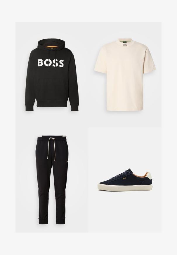 Melna kapucēta sporta jakas izstrādāta no kokvilnas maisījuma, ar lielu baltu "BOSS" logotipu priekšpusē un kangaroo kabatu jostasvietā.; Krēmkrāsas īsām piedurknēm T-krekls ar augstu apkakli, uz kura priekšpuses un iekšējā etiketē ir melnā krāsā izdrukāts "BOSS".; Melni slaidi jogger bikses ar baltu auklu, ribotām piedurknēm un diskrētu logo augšstilbā uz vienkārša fona.; Jūras zila zamšāda zema tipa sporta apavi ar gaiši brūnu zoli, kontrastējošu brūnu iekšpusi un logotipa detaļu uz ārējās puses. Iespējas ietver apaļās šnerves un gludu faktūru.