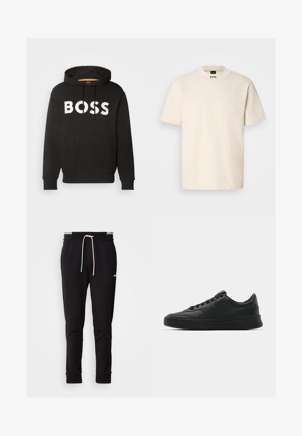 Juodas gobtuvėlis, pagamintas iš medvilnės mišinio, su dideliu baltu "BOSS" logotipu priekyje ir kengūros tipo kišene juosmens srityje.; Kreminės spalvos trumpas rankovės marškinėliai su aukštu apykakle, ant kurių priekyje kaklo ir vidinėje etiketėje juodu spalva yra užrašas "BOSS".; Juodi siauri džinsai su balta raišteliu, viršutinėje šlaunies dalyje su subtiliu logotipu, ant vienalytės fono.; Juodi sportiniai batai su lygia odine viršutine dalimi, apvaliu pirštu, plokščiomis raišteliais, pagaminta su paminkštinta apykakle ir minimalizmo dizainu. Guma padais su subtilia protektoriaus raštu.